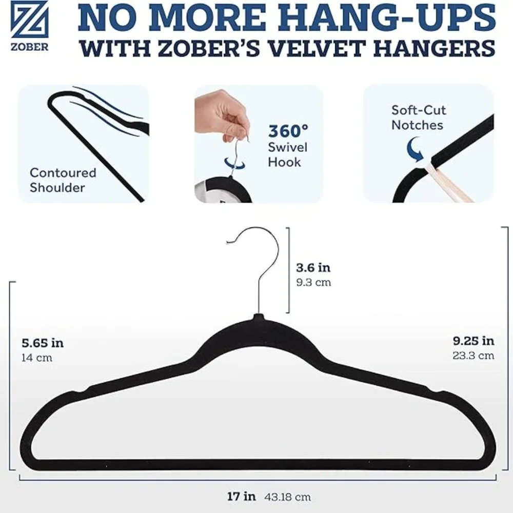 Black Velvet Clothing Hangers W/Tie Bar - Non-Slip, Swivel Hook, 20 pack, NWT
